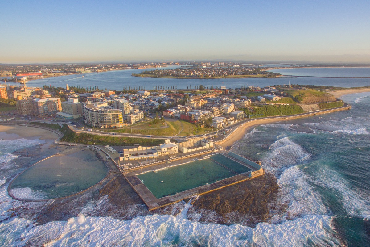Aerial view at sunrise over the Newcastle Ocean Baths