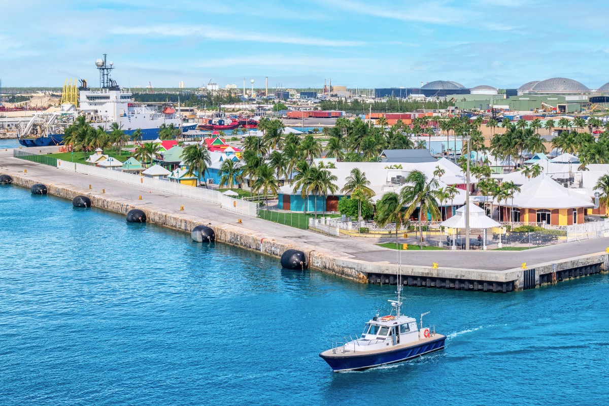 Port of Freeport in the Bahamas with turquoise water and a cruise pier