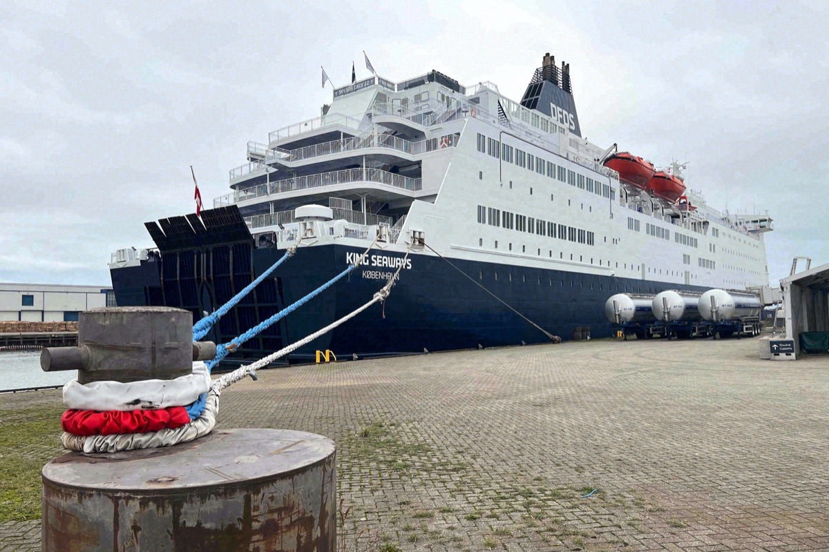 The DFDS ferry King Seaways (home port Copenhagen) moored at the quay, seen from a low-angle perspective
