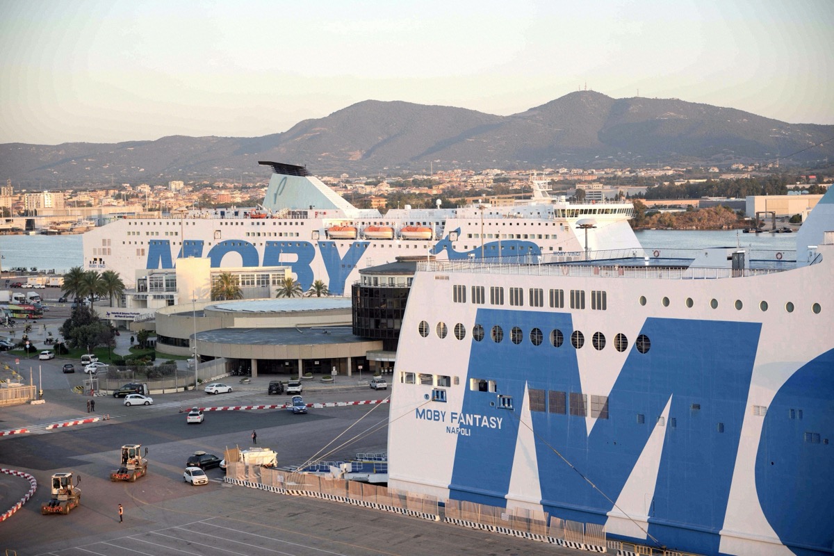 The ferry Moby Fantasy moored at the quay in Olbia, Sardinia, in the evening light