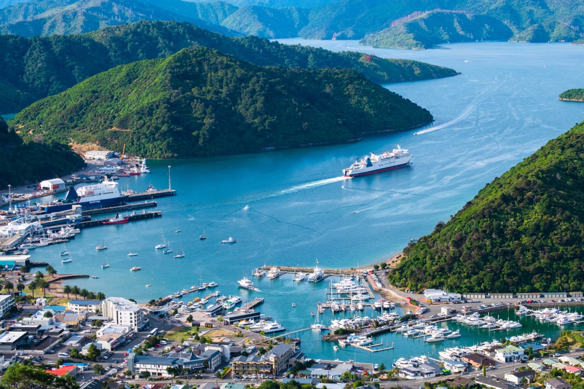 Aerial view of the ferry port of Picton in Queen Charlotte Sound, New Zealand