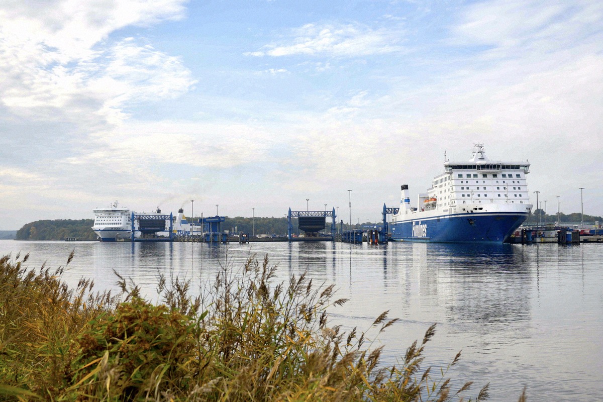 View of Travemünde ferry terminal with a Finnlines ferry and another ship