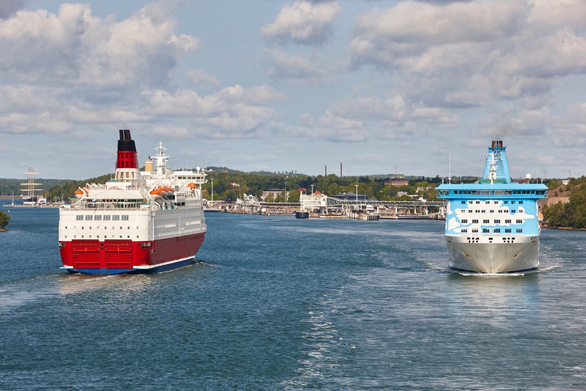 Two large Baltic Sea ferries passing each other off Mariehamn in the Åland Islands