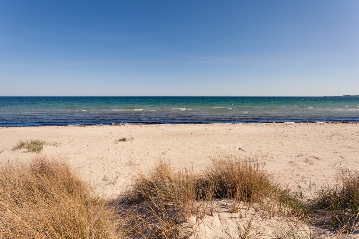 Idyllic sandy beach with dunes and a calm sea bay under a blue sky