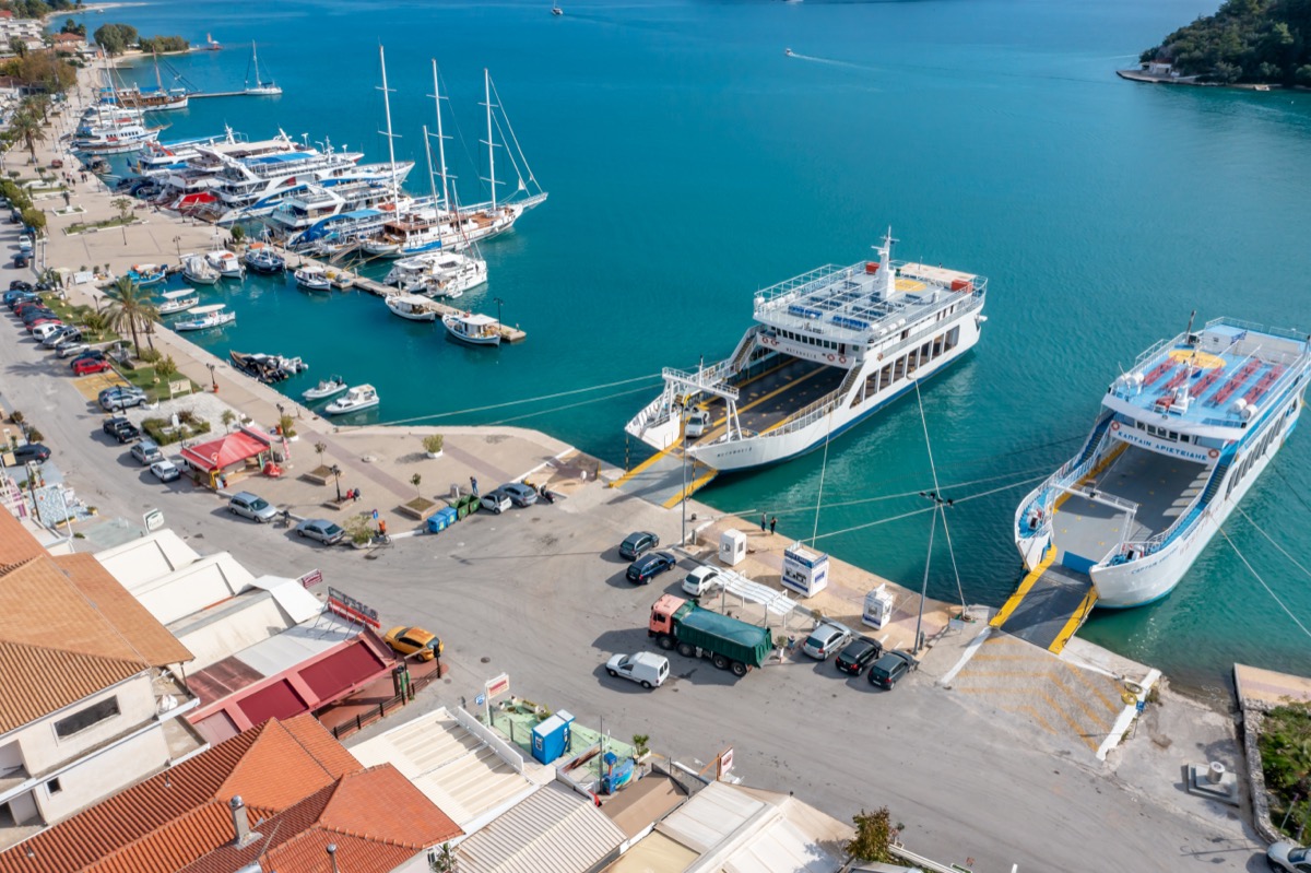 Aerial view of the ferry port of Lefkada Town with two ferries at the quay