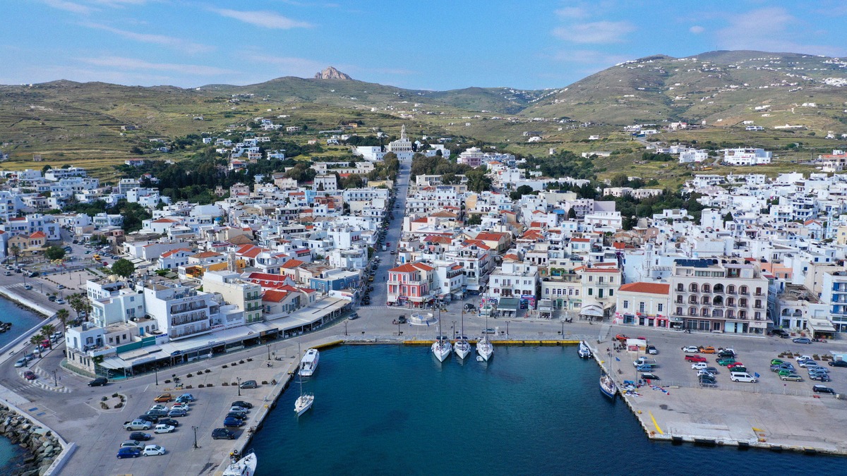 Aerial view of the harbour of Tinos
