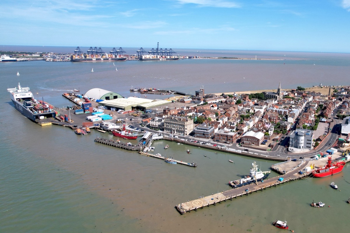 Aerial view of Harwich on the Essex coast with the ferry port and the historic old town