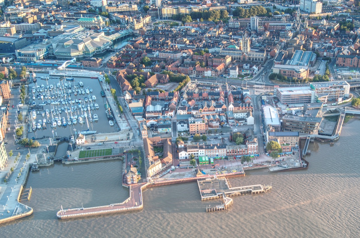 Aerial view of Hull with the old town and the marina