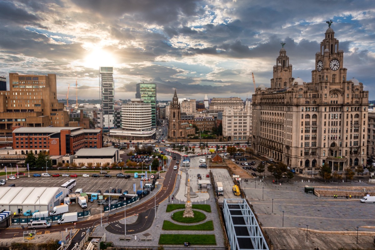 Aerial view of the Liverpool skyline with the iconic Royal Liver Building at Pier Head
