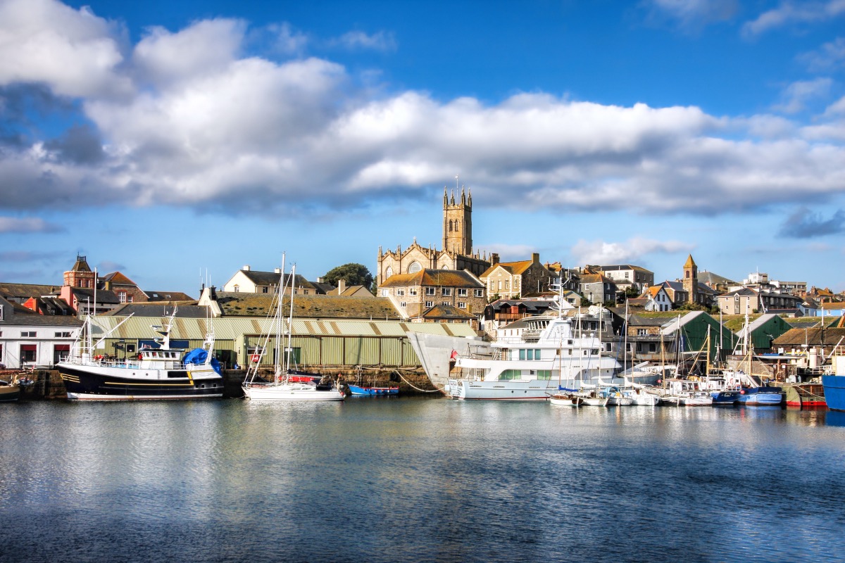 View over Penzance Marina with moored fishing boats and yachts