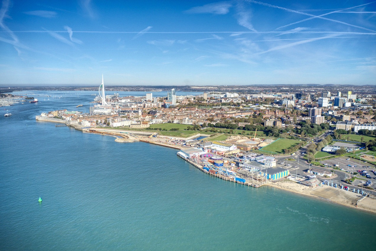 Aerial view of Portsmouth Harbour with the Spinnaker Tower on the Solent