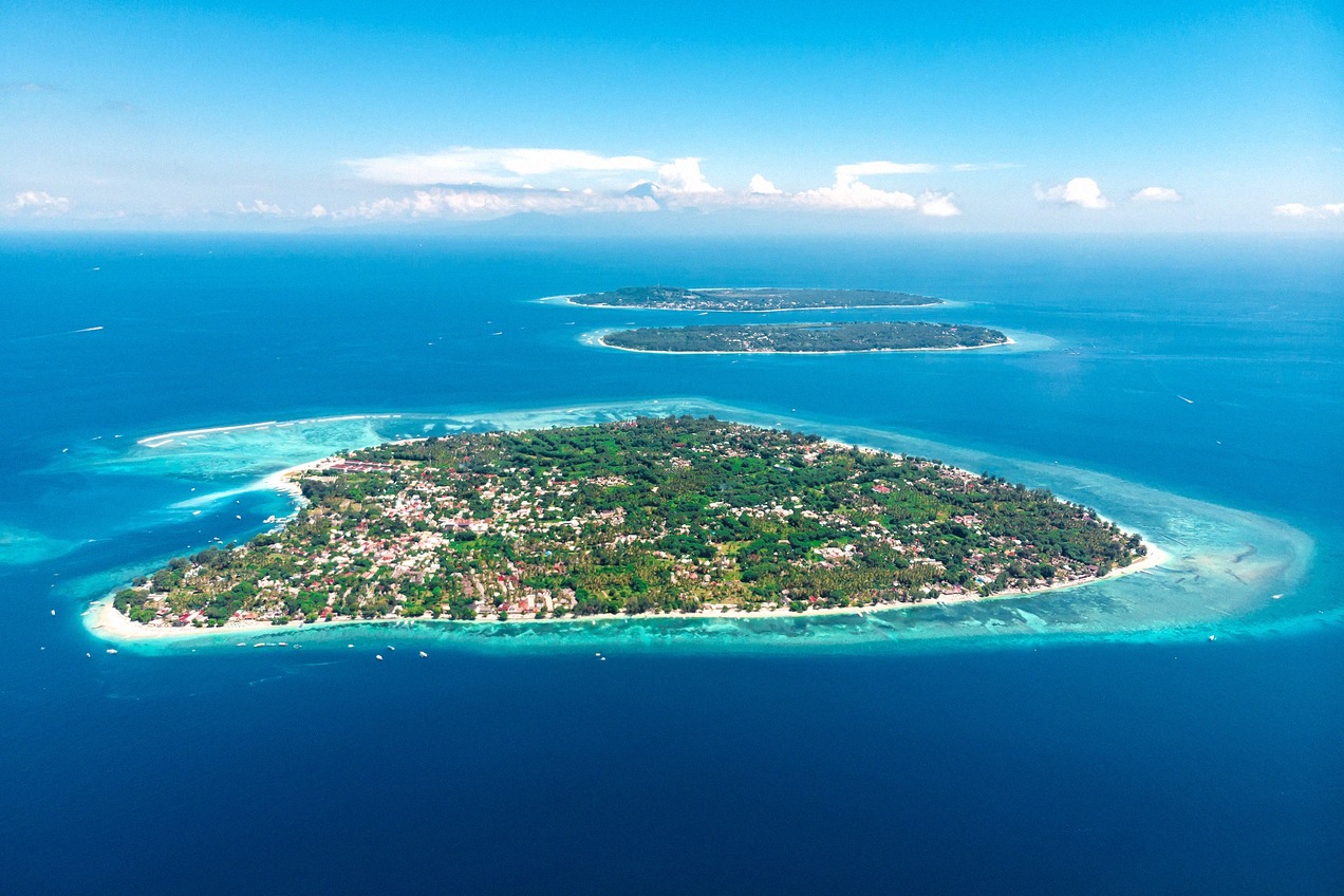 Aerial view of the Gili Islands in the Indian Ocean