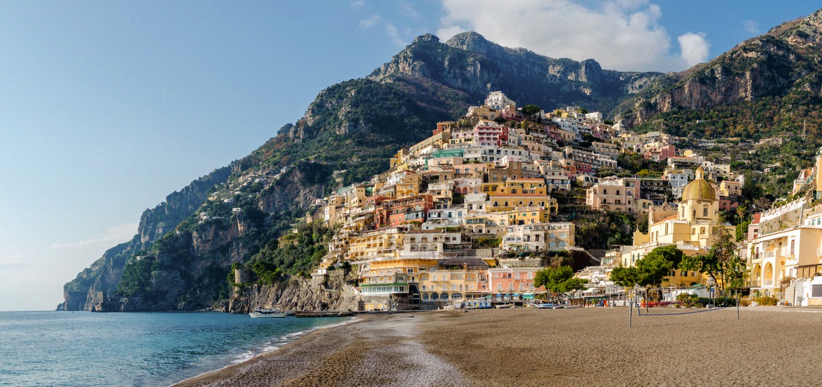 Coastal village of Positano on the Amalfi Coast with its sandy beach