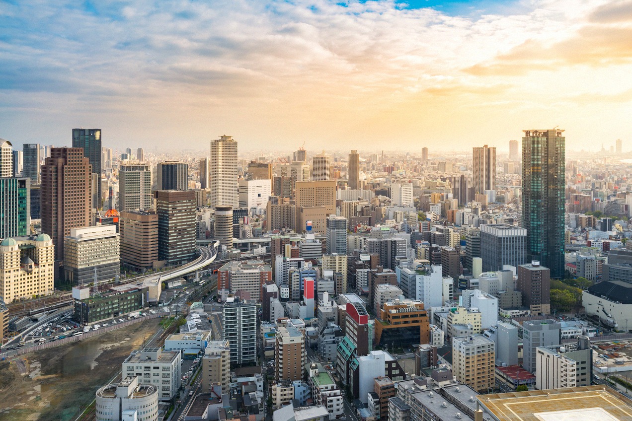 The Osaka skyline at sunset