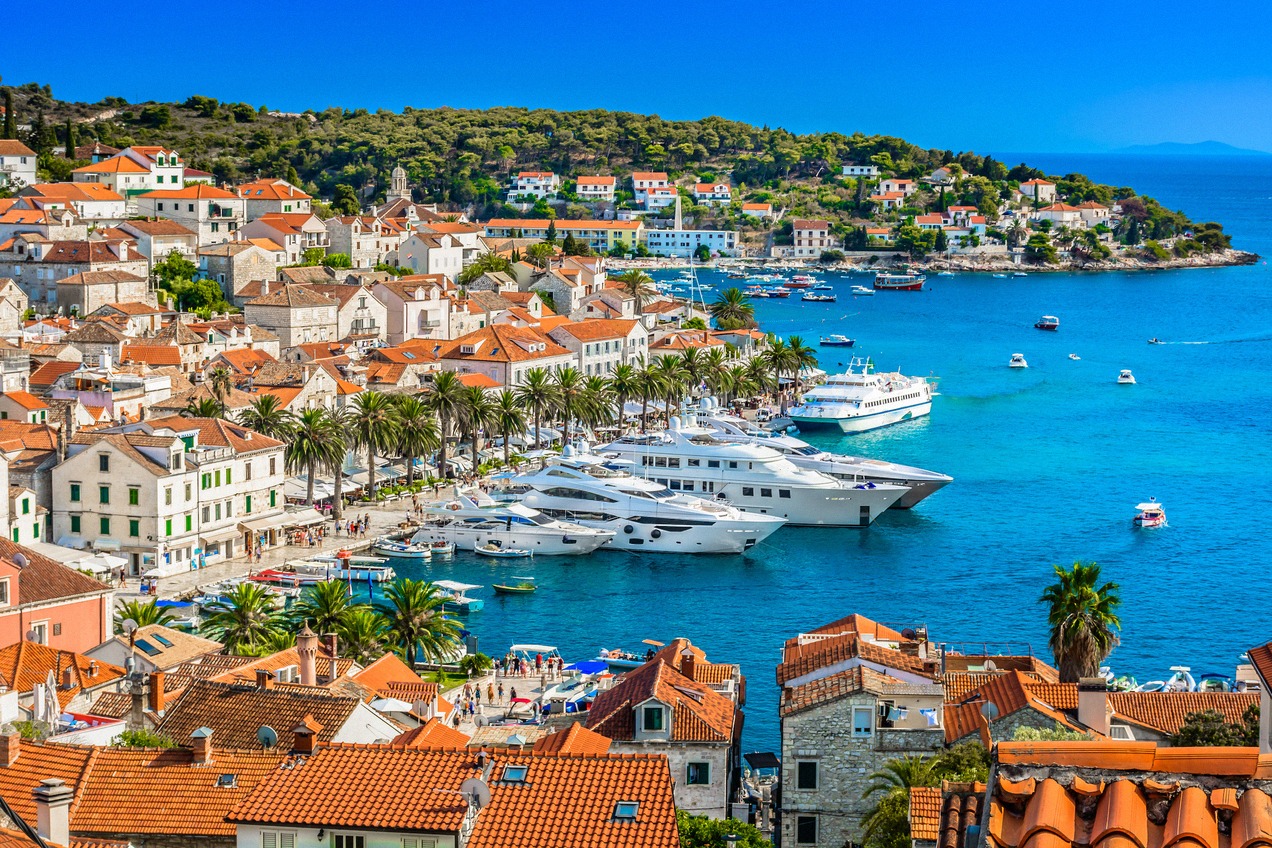 Aerial panorama of the town of Hvar with its harbour and yachts