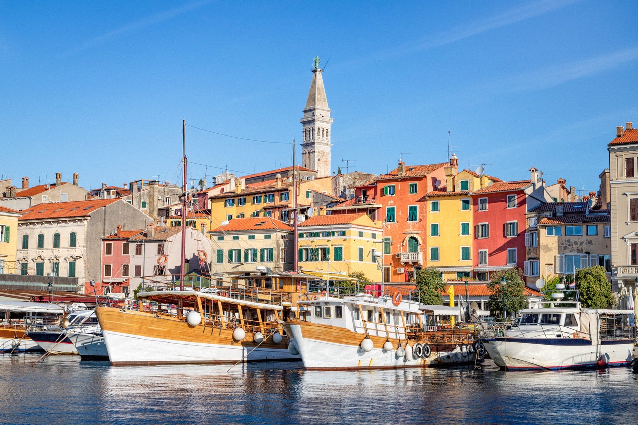 The harbour and old town of Rovinj with colourful houses