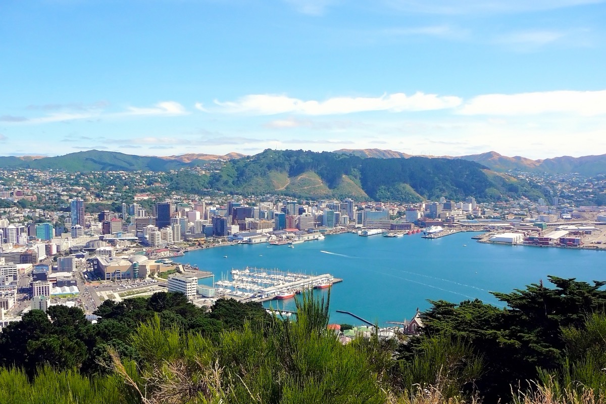 Bird's-eye view of Wellington's harbor and CBD with turquoise Port Nicholson and green hills in the background