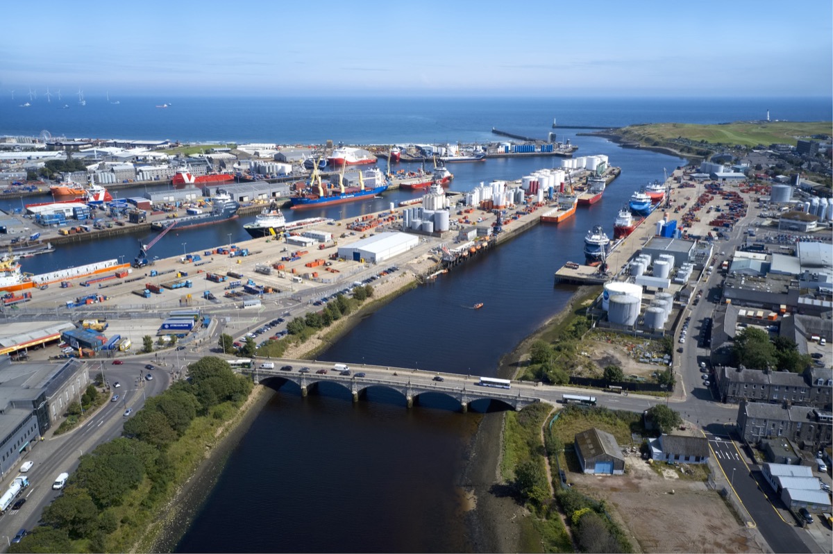 Aerial view of the port of Aberdeen at the mouth of the River Dee on the North Sea