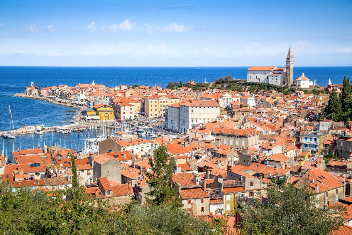 Aerial panorama of the Venetian-influenced old town of Piran, on a headland along Slovenia's Adriatic coast