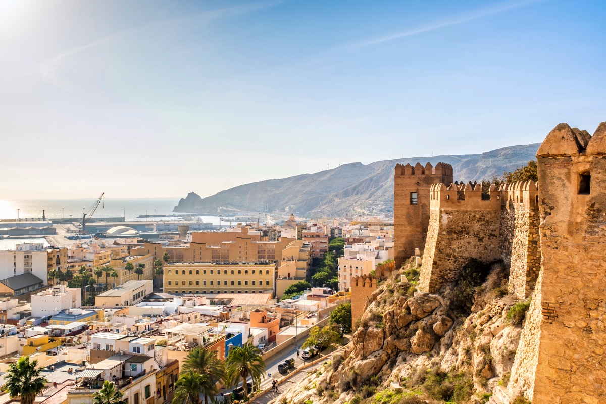 View from the Alcazaba over Almería to the port with cranes and ferry terminal