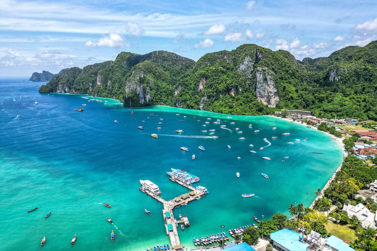 Ton Sai Bay on Koh Phi Phi with longtail boats and ferries at the pier