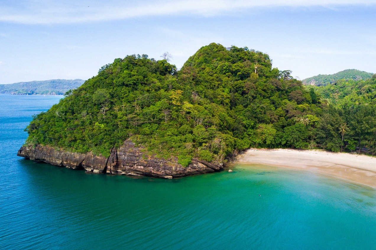 Aerial view of the island of Koh Tarutao with its sandy beach