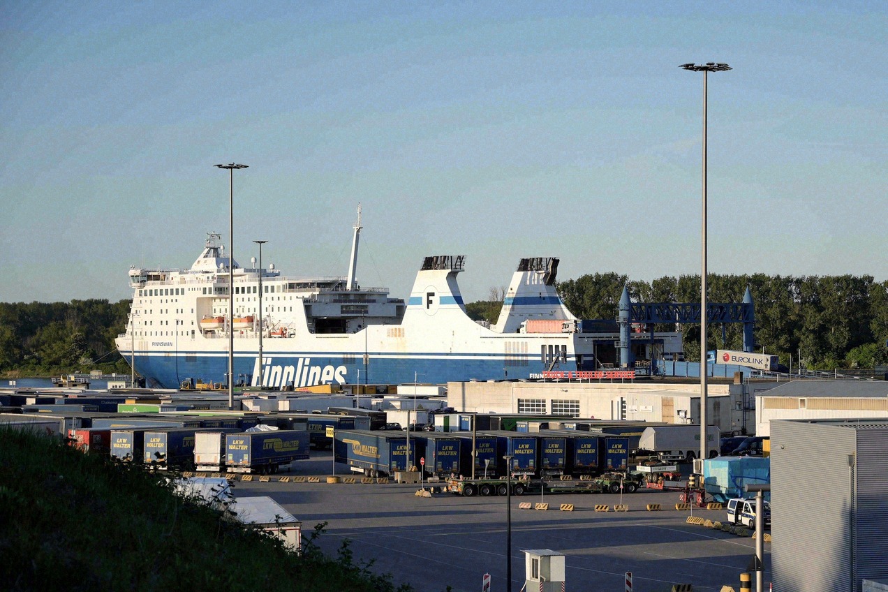 Finnlines ferry in the port of Travemünde in the evening light