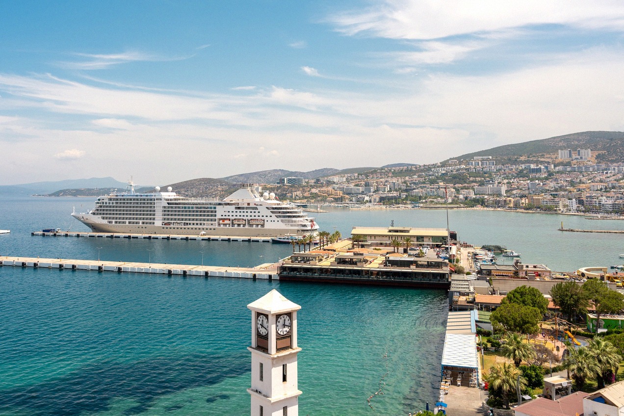 The cruise port of Kusadasi seen from Pigeon Island castle, with a cruise ship at the pier