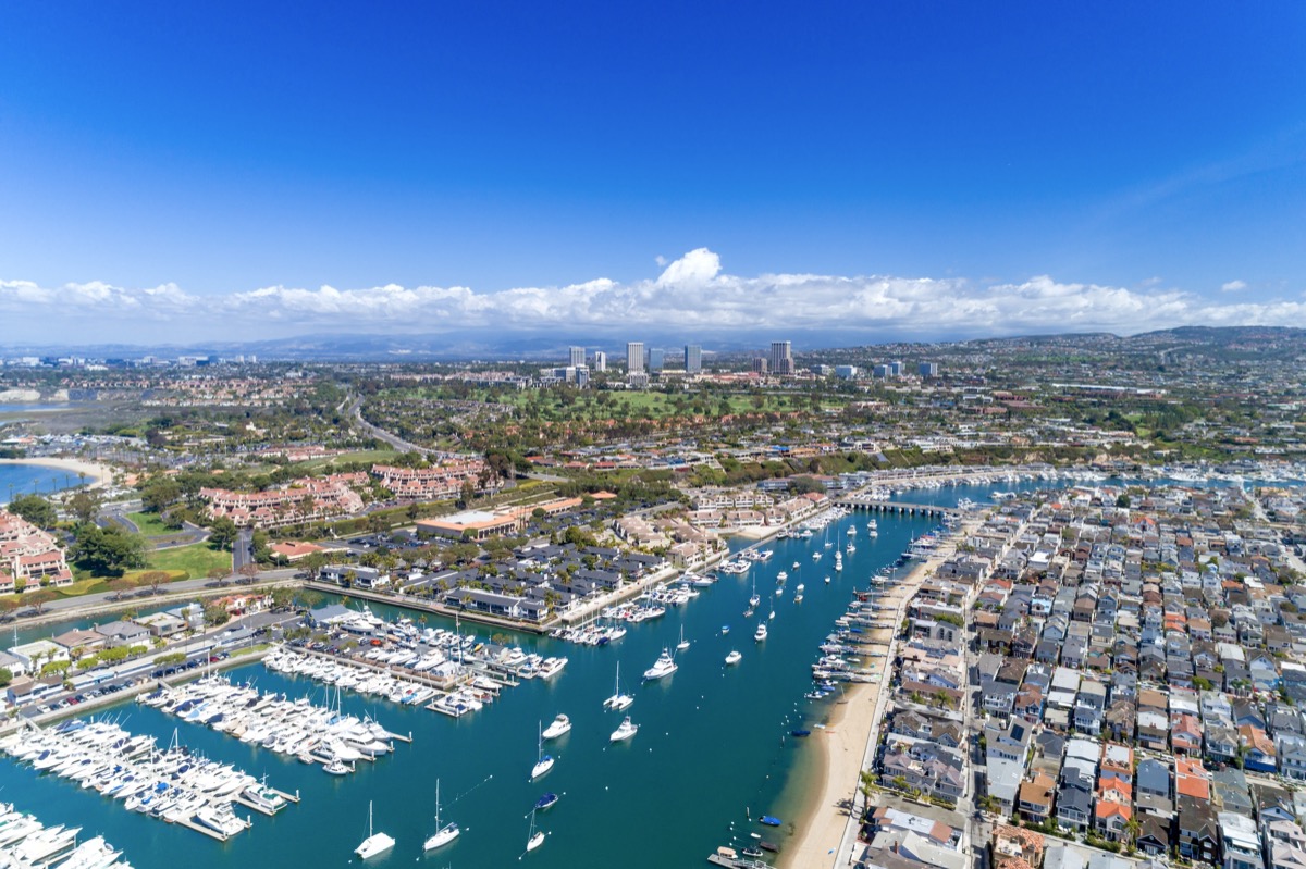 Aerial view of the sprawling marina of Newport Beach with hundreds of sailboats and yachts