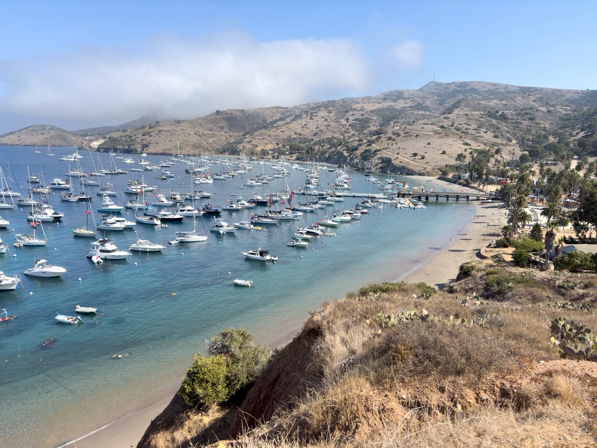 Panoramic view of Two Harbors bay on Catalina Island with numerous sailboats and motor yachts at anchor